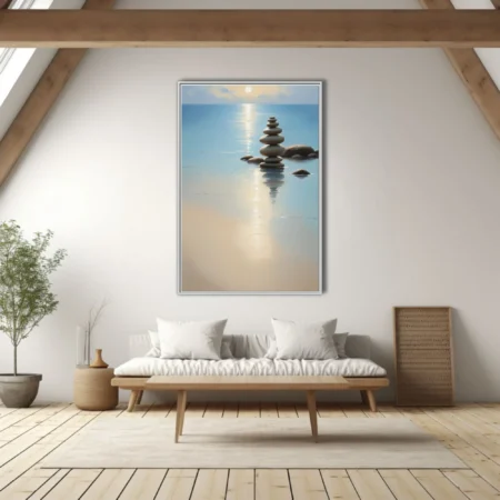 Minimalist zen stone cairn on calm reflective shoreline, soft blue and sand tones