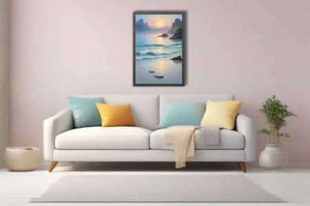 Dreamlike seascape illustration, turquoise waves, golden sunset, misty cliffs