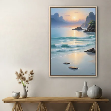 Dreamlike seascape illustration, turquoise waves, golden sunset, misty cliffs