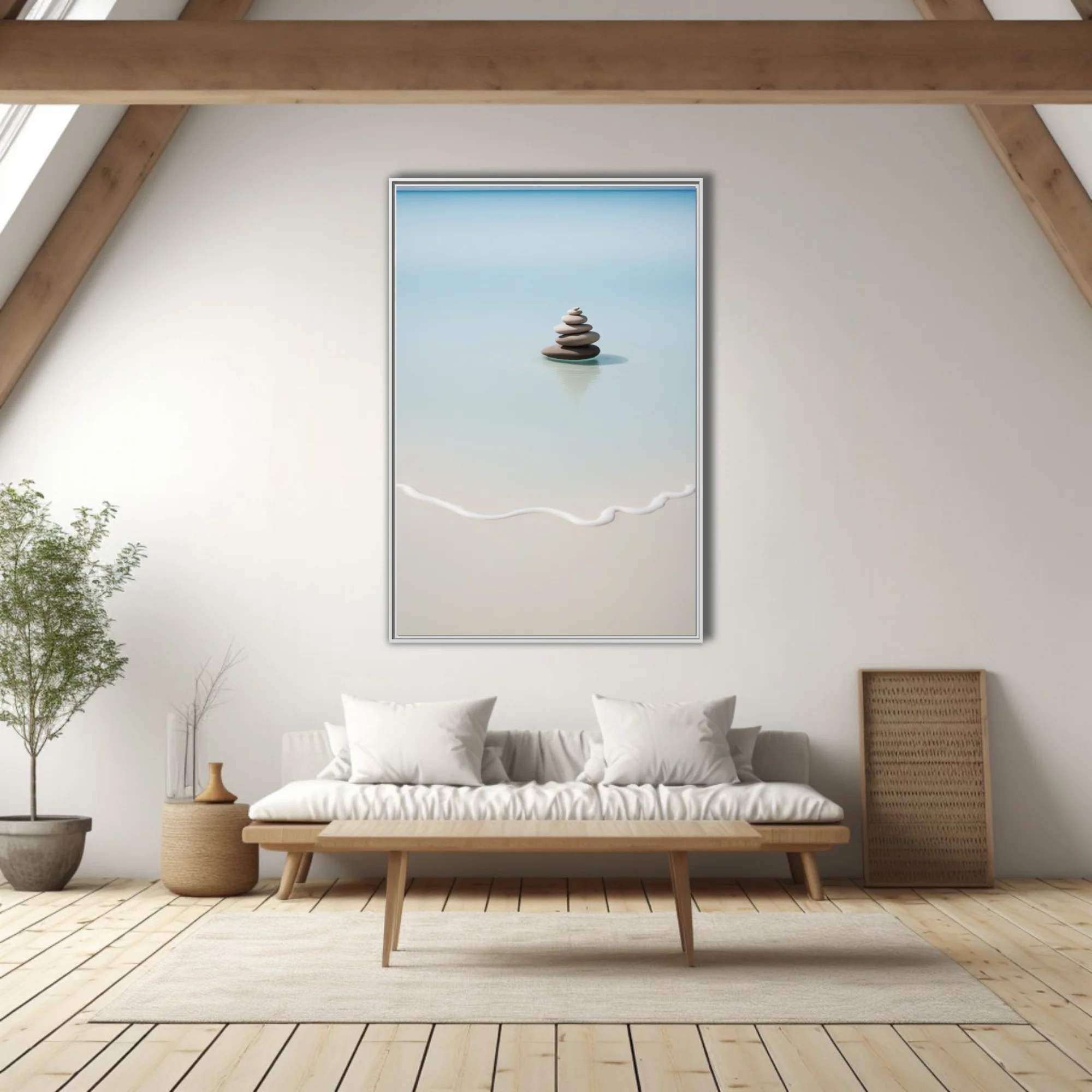 Minimalist zen stone cairn in still turquoise water, soft sand and aqua tones