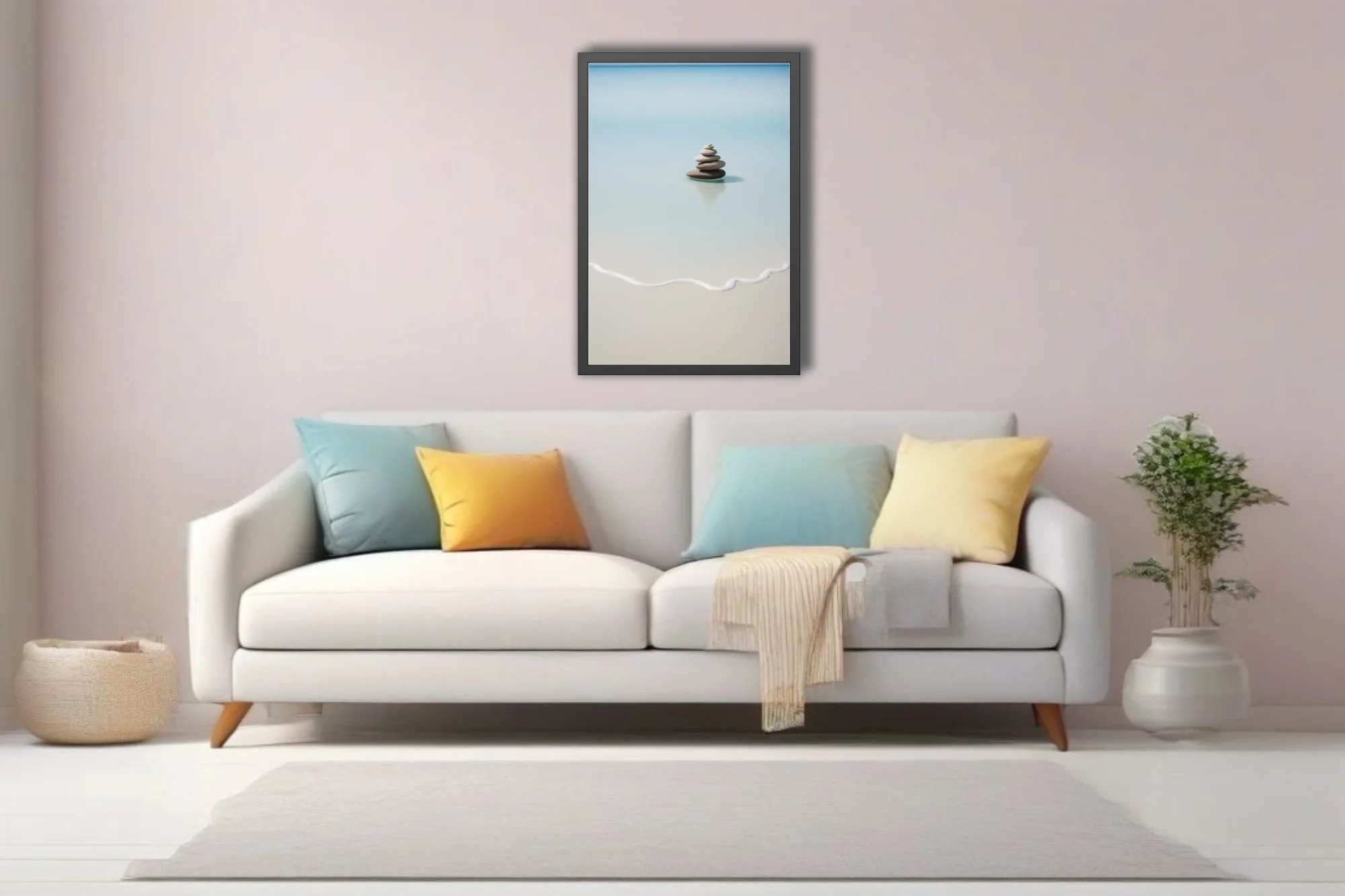 Minimalist zen stone cairn in still turquoise water, soft sand and aqua tones