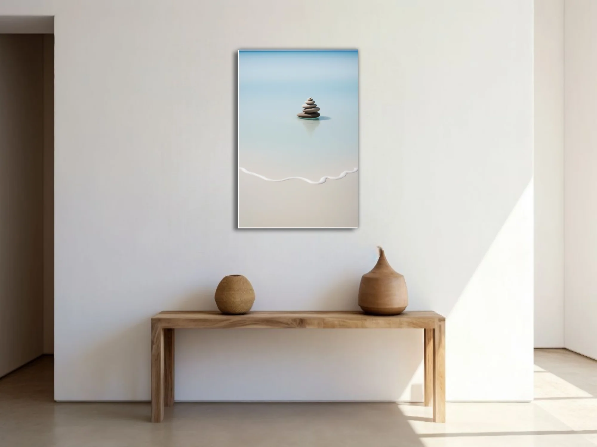 Minimalist zen stone cairn in still turquoise water, soft sand and aqua tones