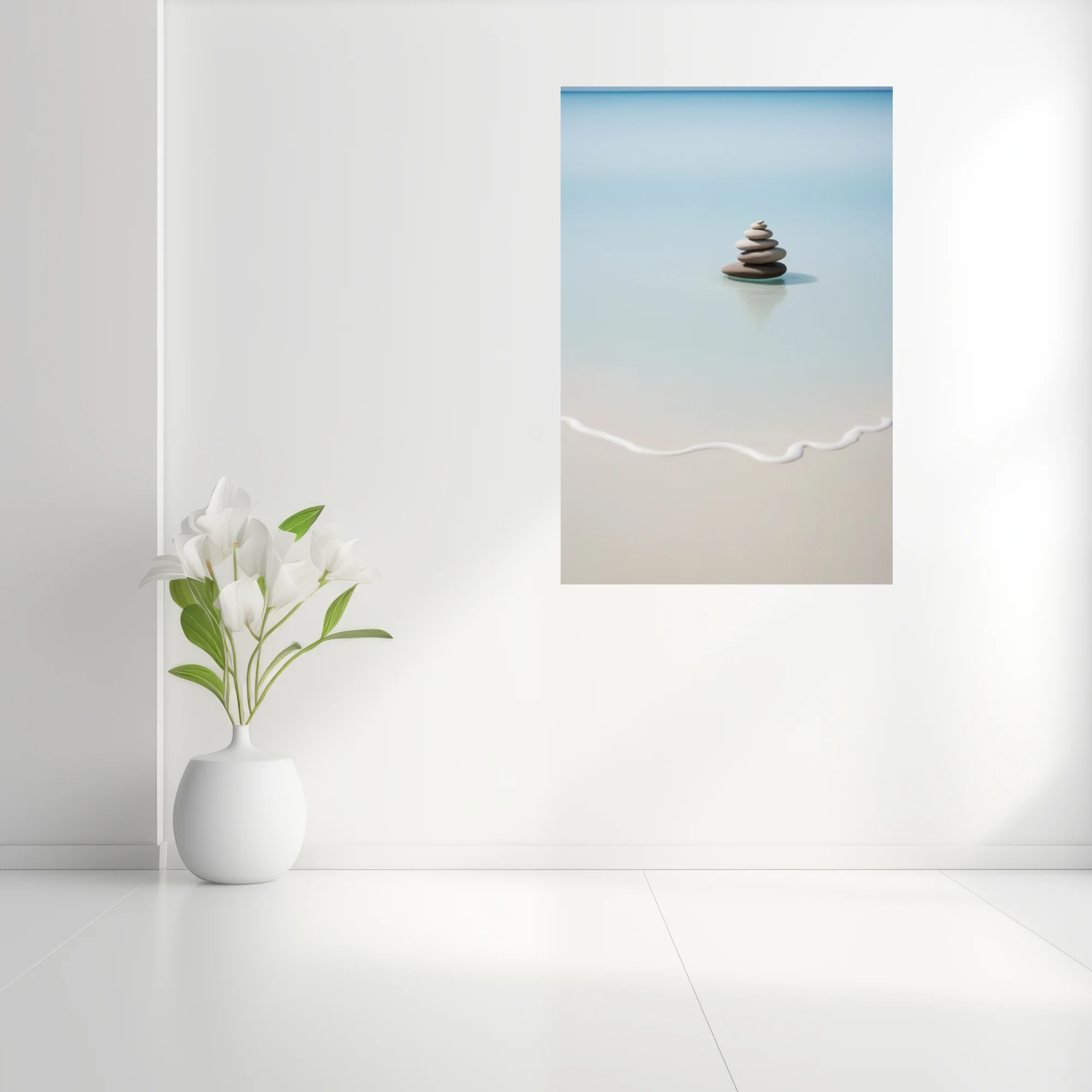 Minimalist zen stone cairn in still turquoise water, soft sand and aqua tones