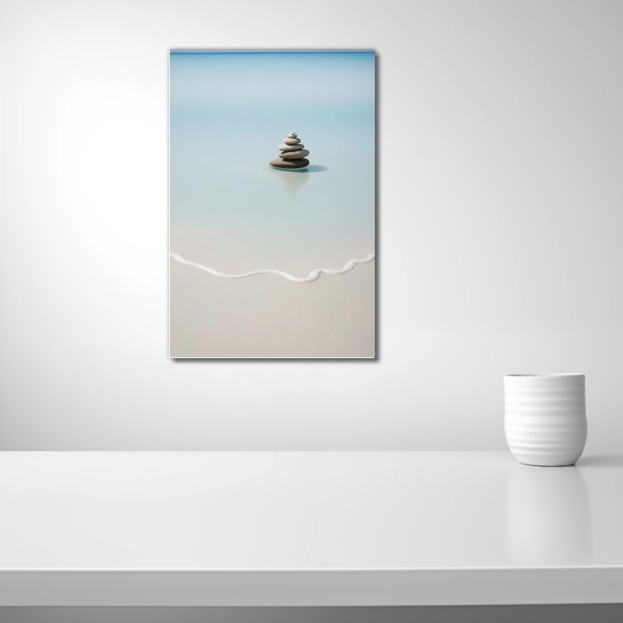 Minimalist zen stone cairn in still turquoise water, soft sand and aqua tones