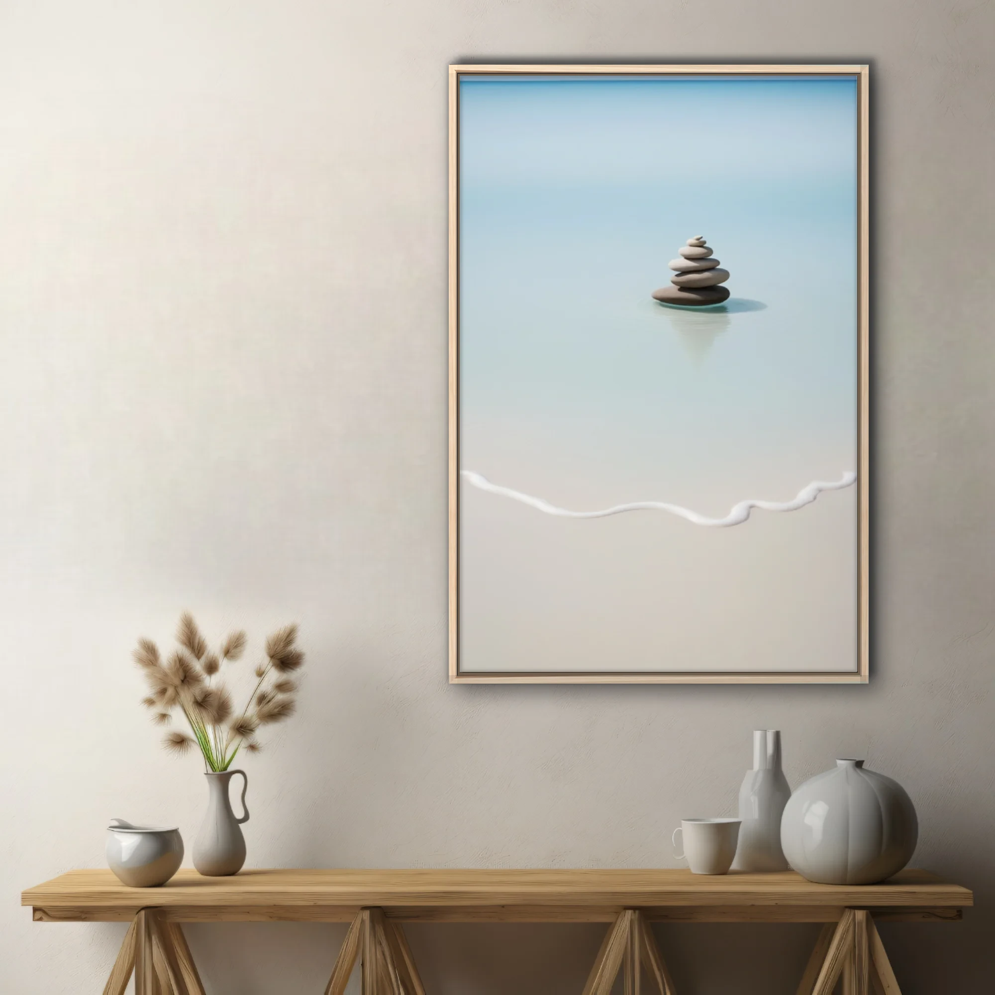 Minimalist zen stone cairn in still turquoise water, soft sand and aqua tones