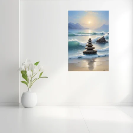 Zen stone cairn on ocean shore, seascape with teal waves and golden light