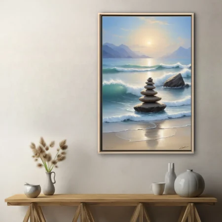 Zen stone cairn on ocean shore, seascape with teal waves and golden light