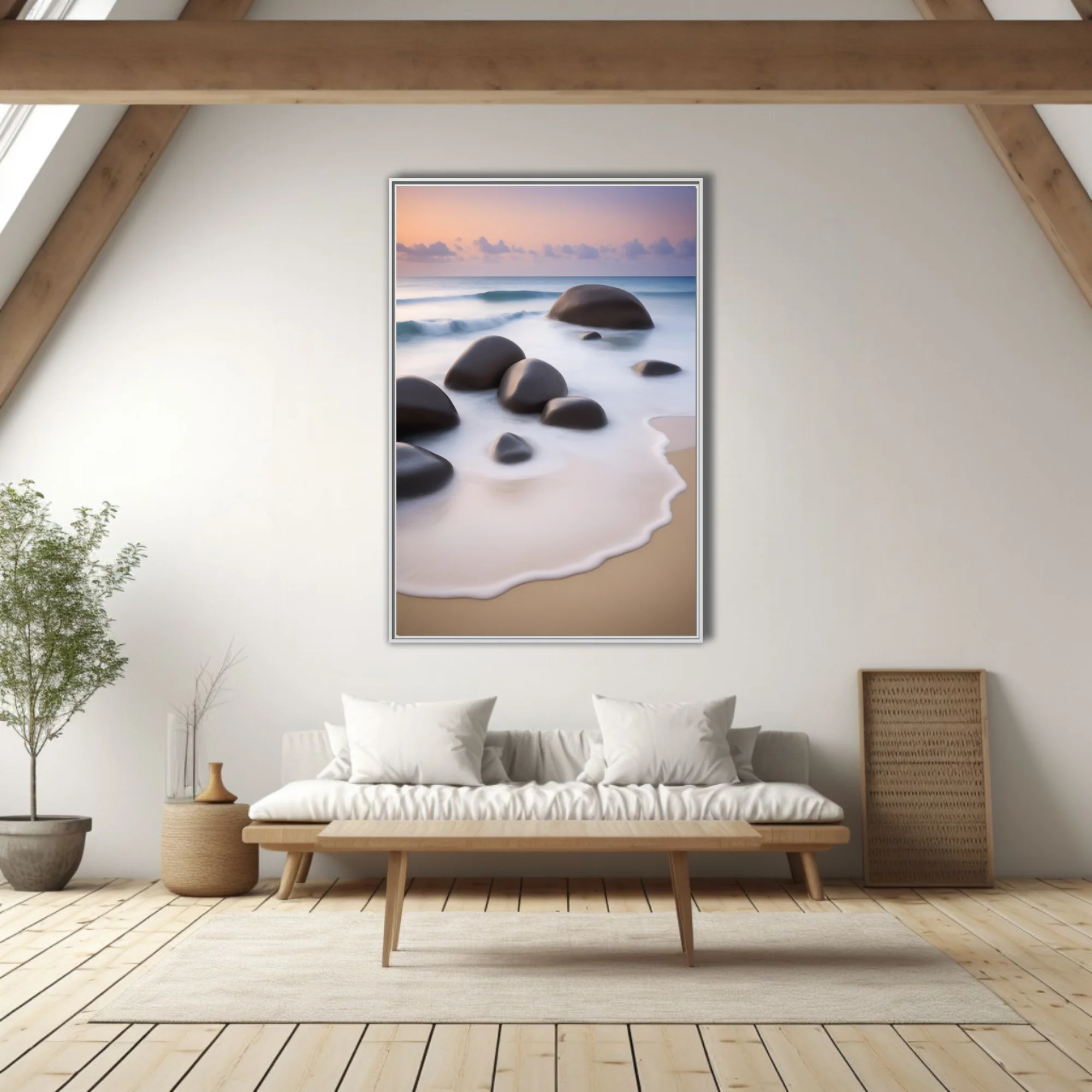 Long-exposure seascape with smooth boulders, silky foam, and pastel dusk sky