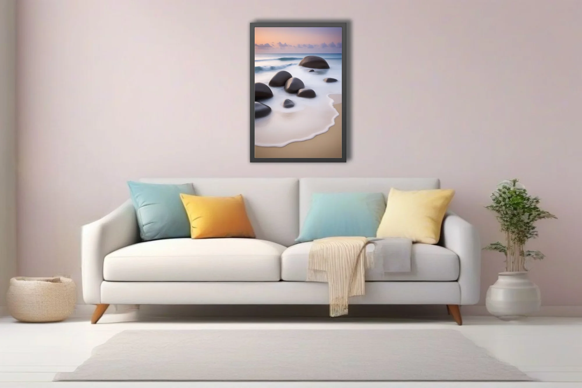 Long-exposure seascape with smooth boulders, silky foam, and pastel dusk sky