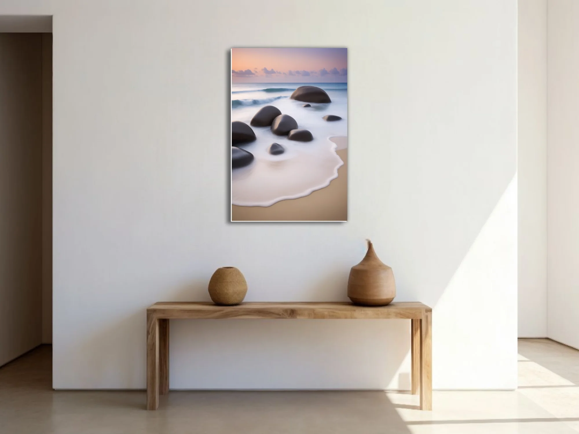 Long-exposure seascape with smooth boulders, silky foam, and pastel dusk sky