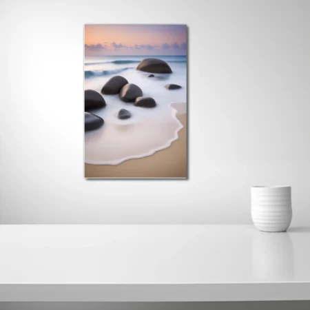 Long-exposure seascape with smooth boulders, silky foam, and pastel dusk sky