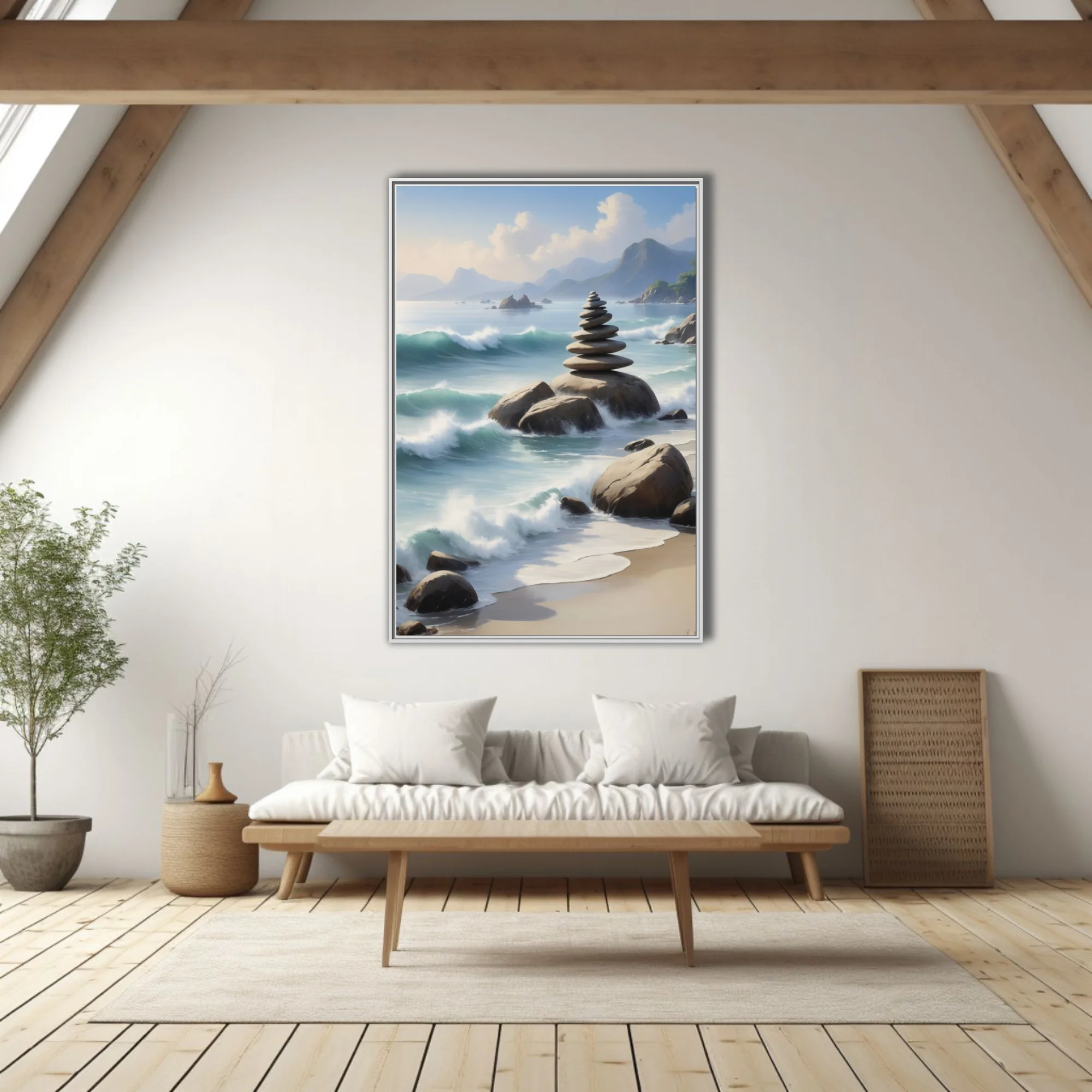 Zen stacked stones on coastal rocks, painterly aqua waves and misty mountains