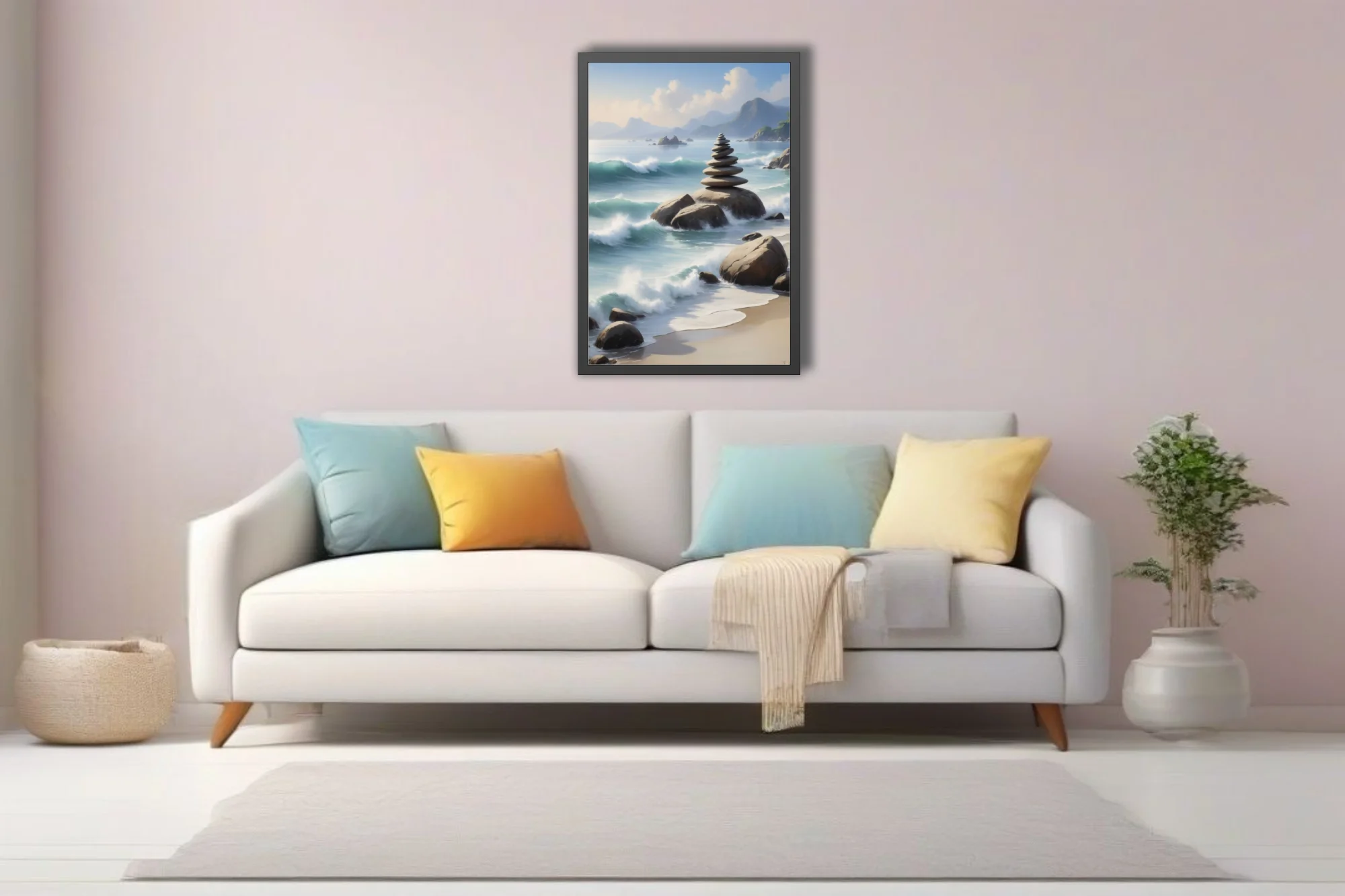 Zen stacked stones on coastal rocks, painterly aqua waves and misty mountains