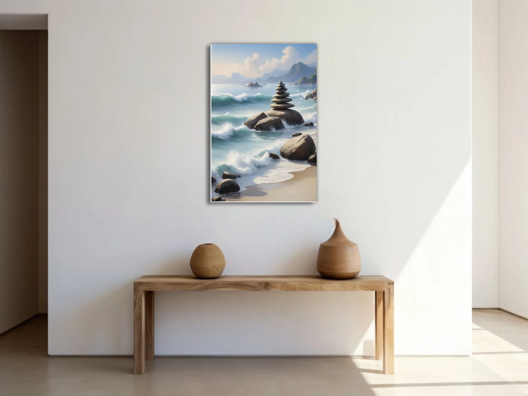 Zen stacked stones on coastal rocks, painterly aqua waves and misty mountains