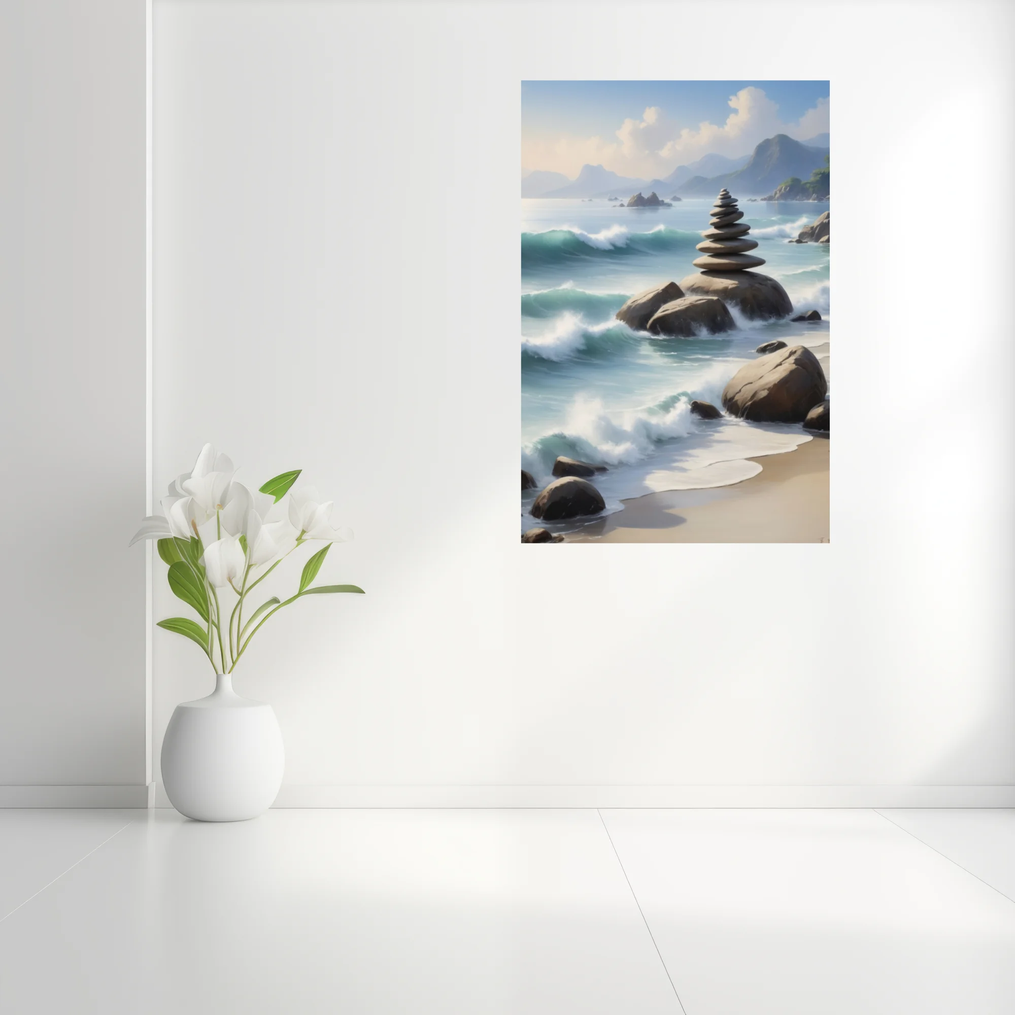 Zen stacked stones on coastal rocks, painterly aqua waves and misty mountains