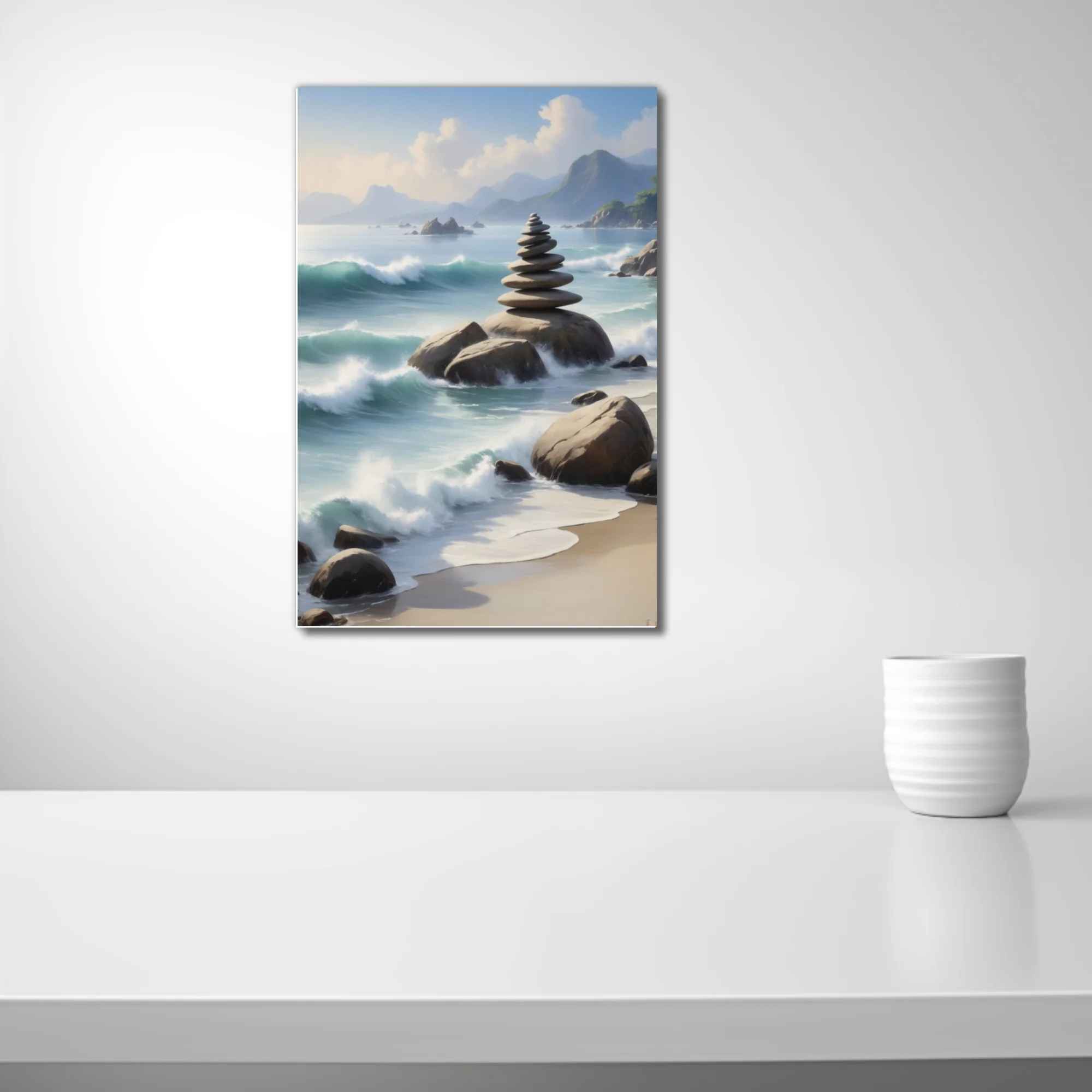 Zen stacked stones on coastal rocks, painterly aqua waves and misty mountains