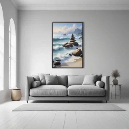 Zen stacked stones on coastal rocks, painterly aqua waves and misty mountains