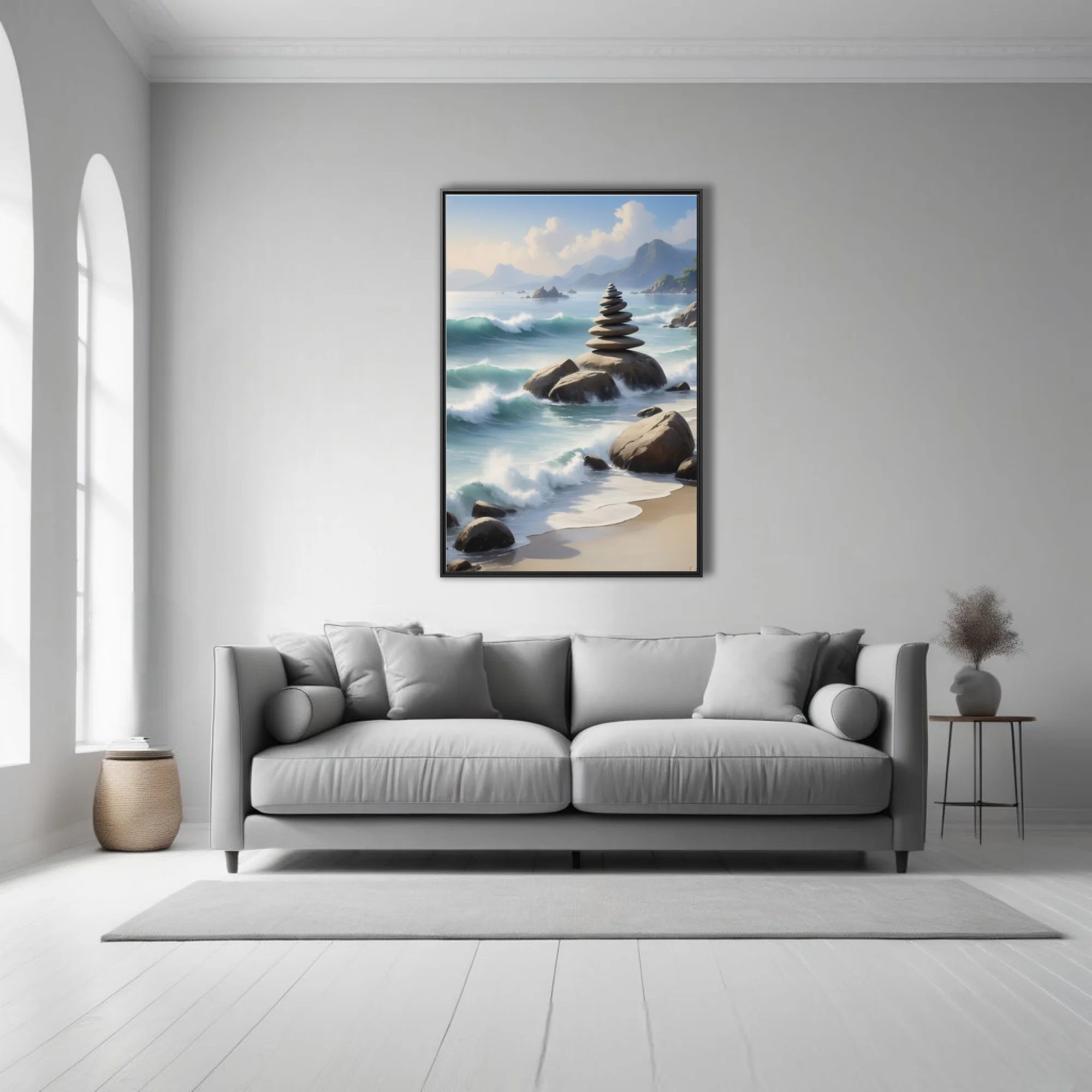 Zen stacked stones on coastal rocks, painterly aqua waves and misty mountains