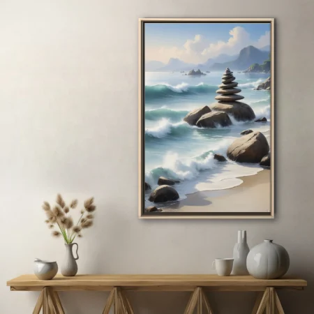 Zen stacked stones on coastal rocks, painterly aqua waves and misty mountains