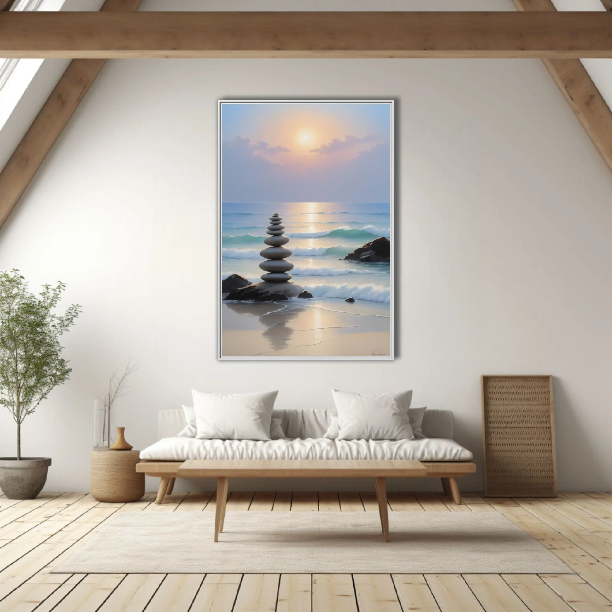 Zen stone stack on a tranquil beach at sunset, pastel ocean tones, art print