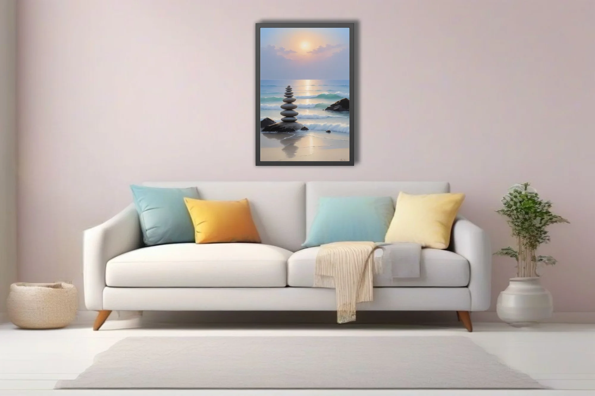 Zen stone stack on a tranquil beach at sunset, pastel ocean tones, art print