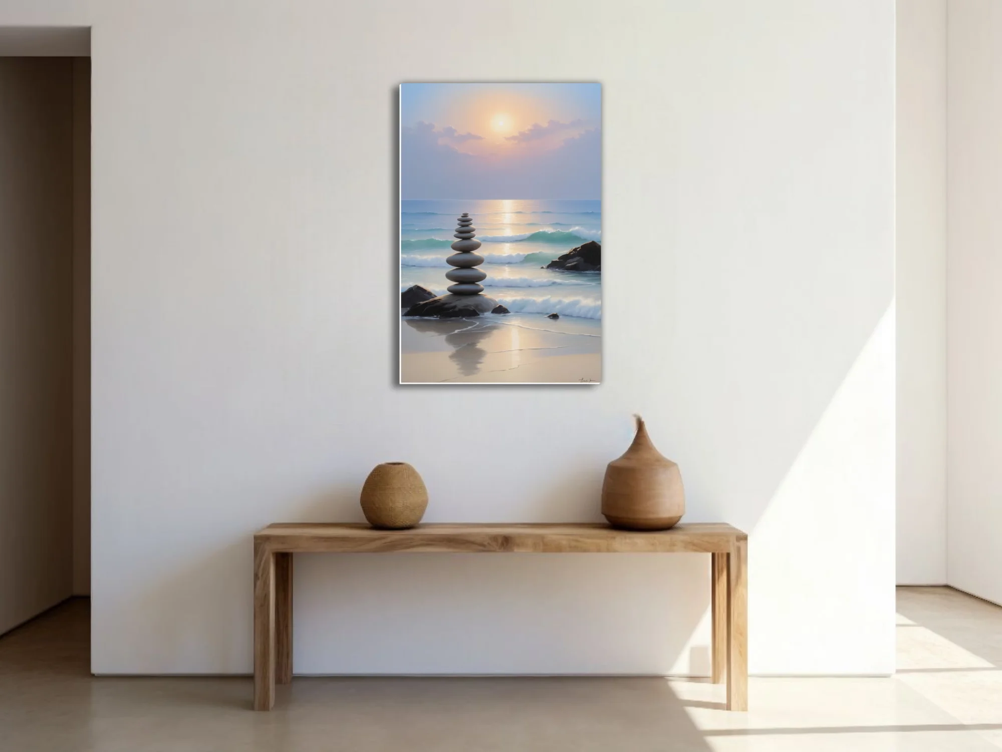 Zen stone stack on a tranquil beach at sunset, pastel ocean tones, art print