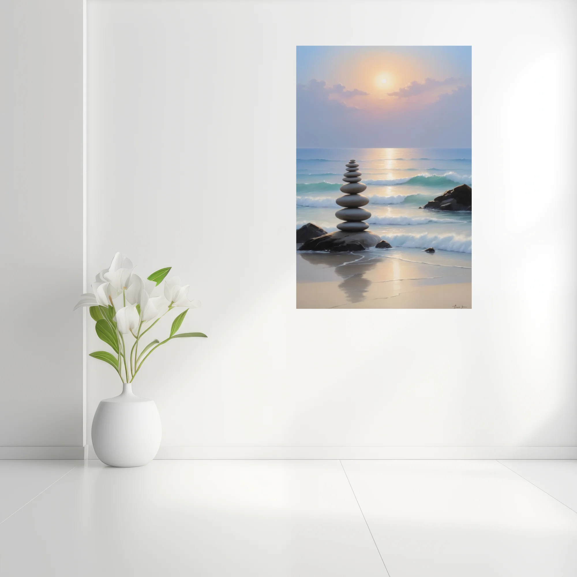 Zen stone stack on a tranquil beach at sunset, pastel ocean tones, art print
