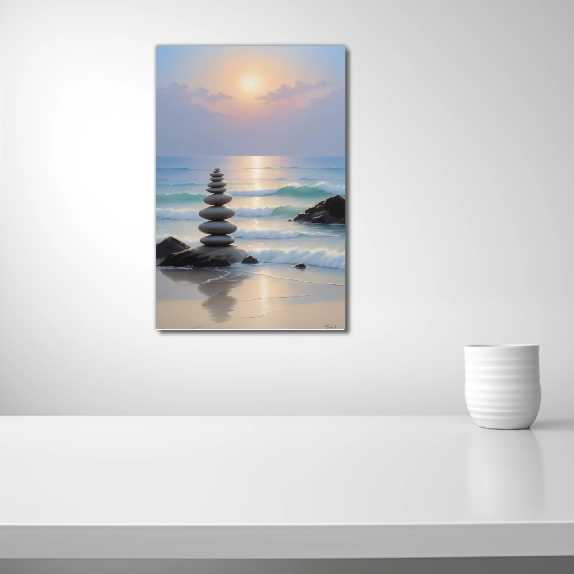 Zen stone stack on a tranquil beach at sunset, pastel ocean tones, art print