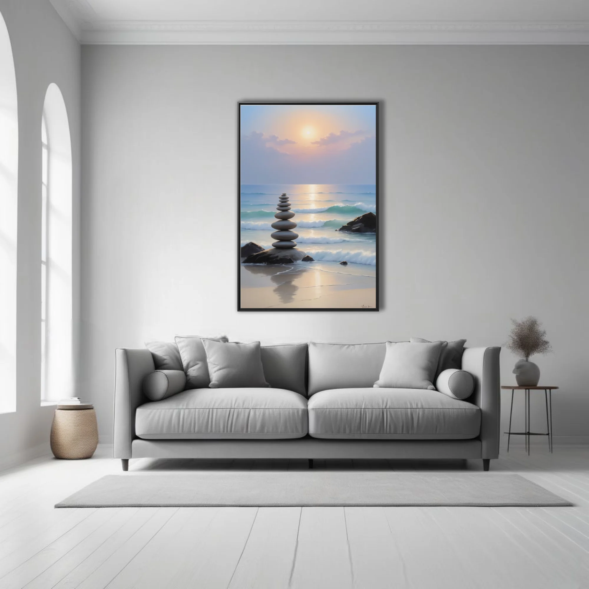Zen stone stack on a tranquil beach at sunset, pastel ocean tones, art print
