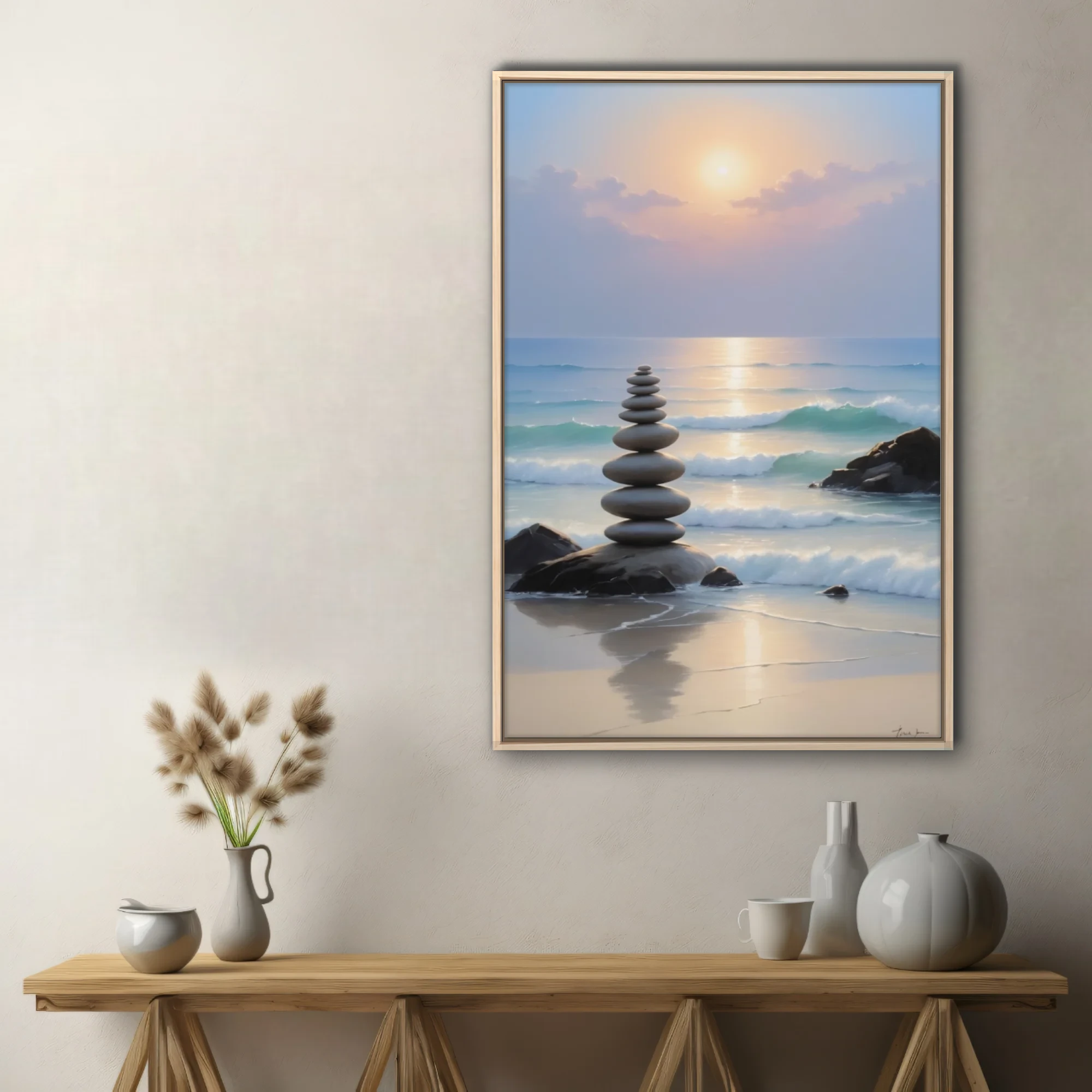 Zen stone stack on a tranquil beach at sunset, pastel ocean tones, art print