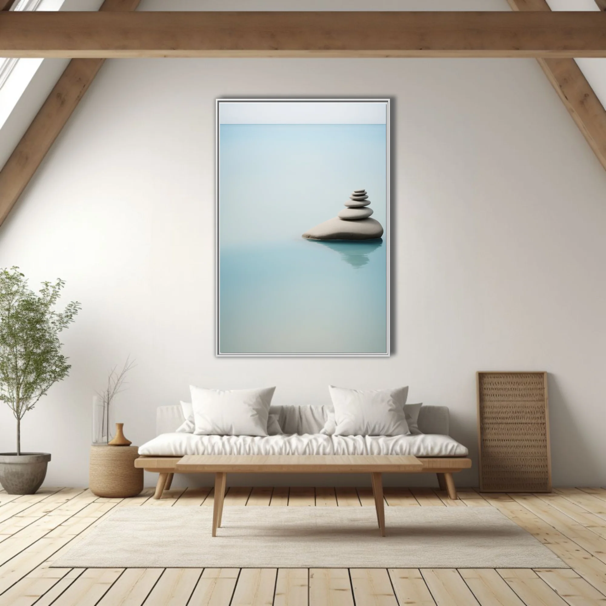 Minimalist stacked stones on still water, cool aqua palette, serene