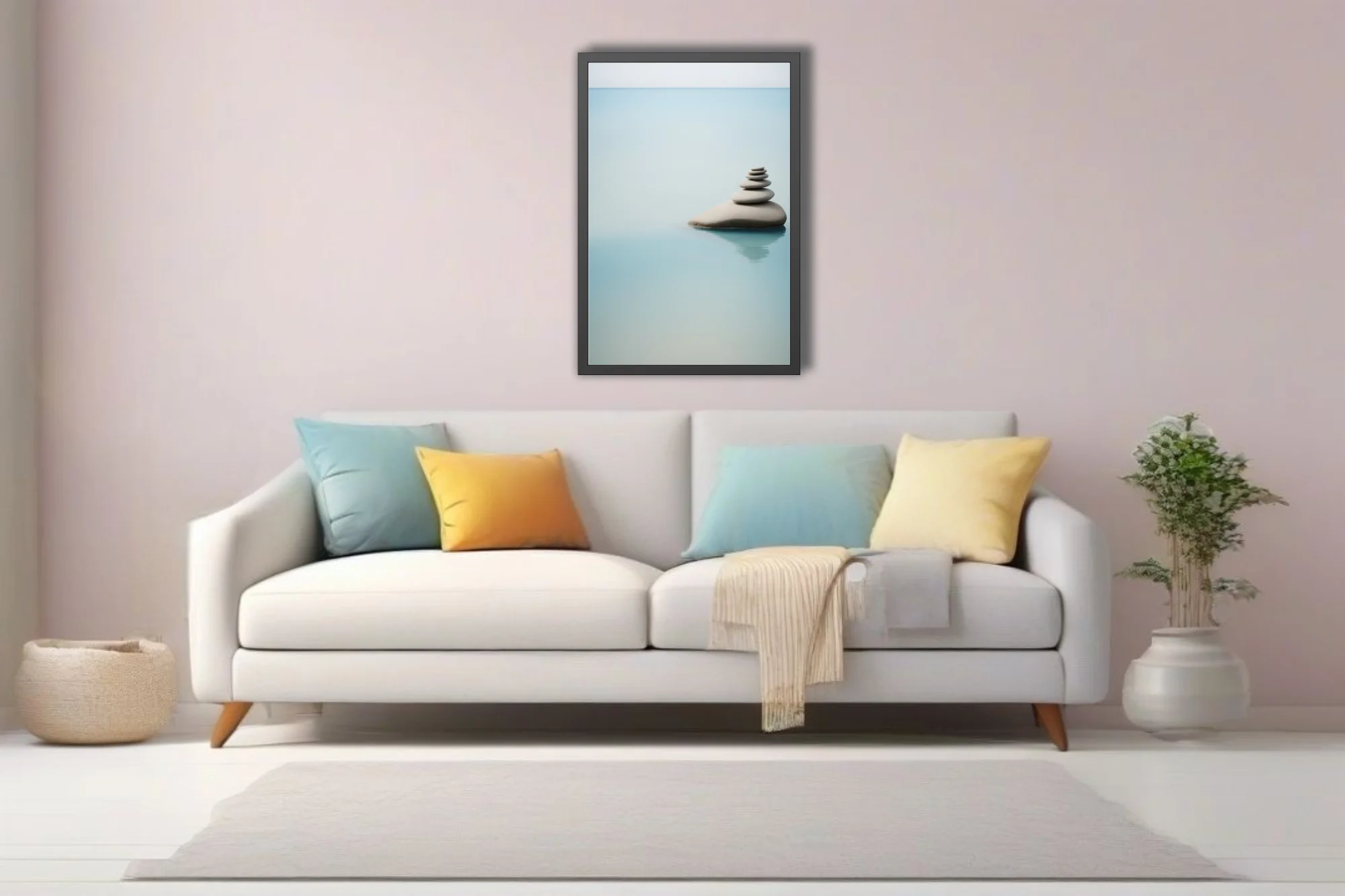 Minimalist stacked stones on still water, cool aqua palette, serene