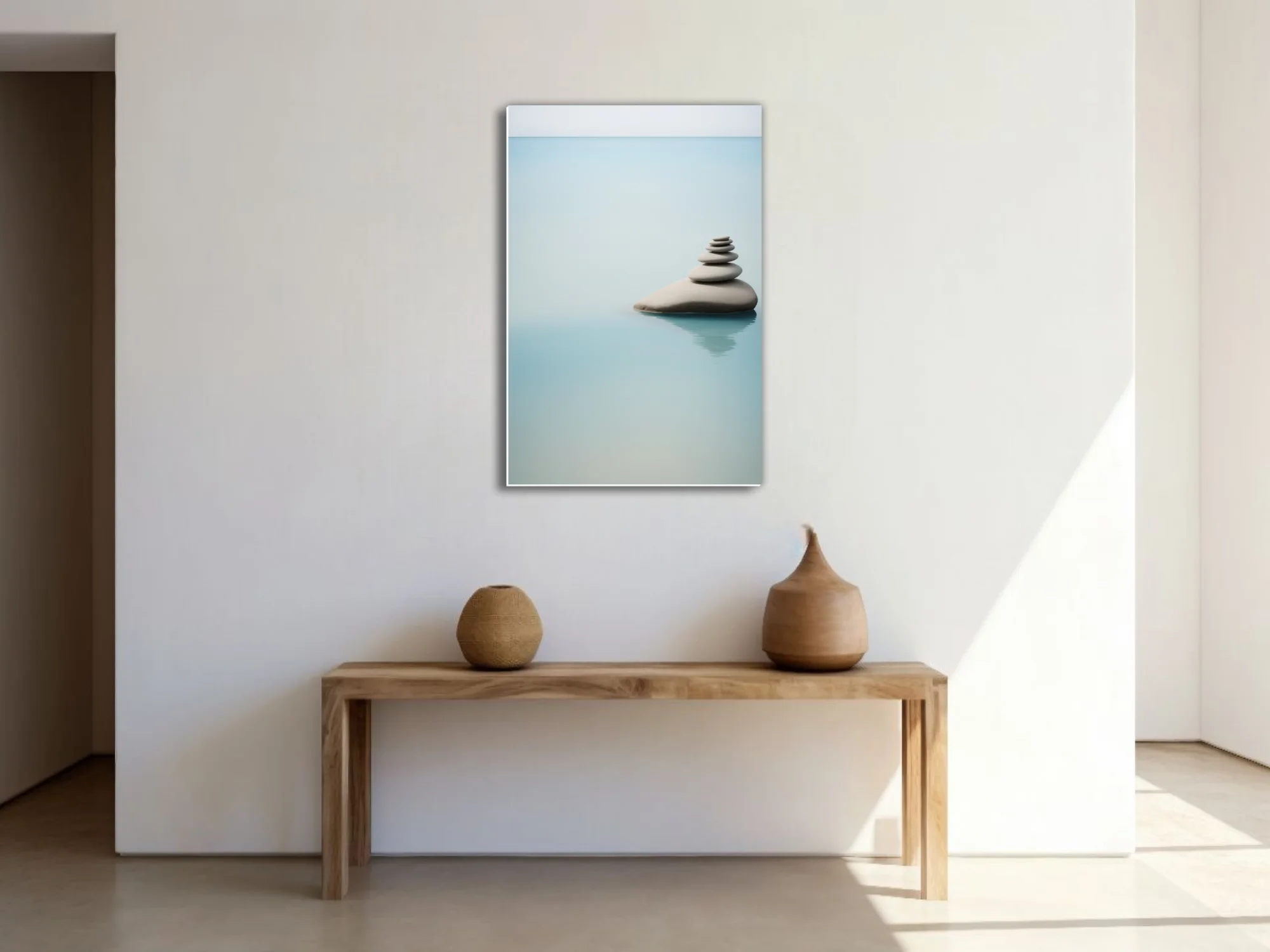 Minimalist stacked stones on still water, cool aqua palette, serene