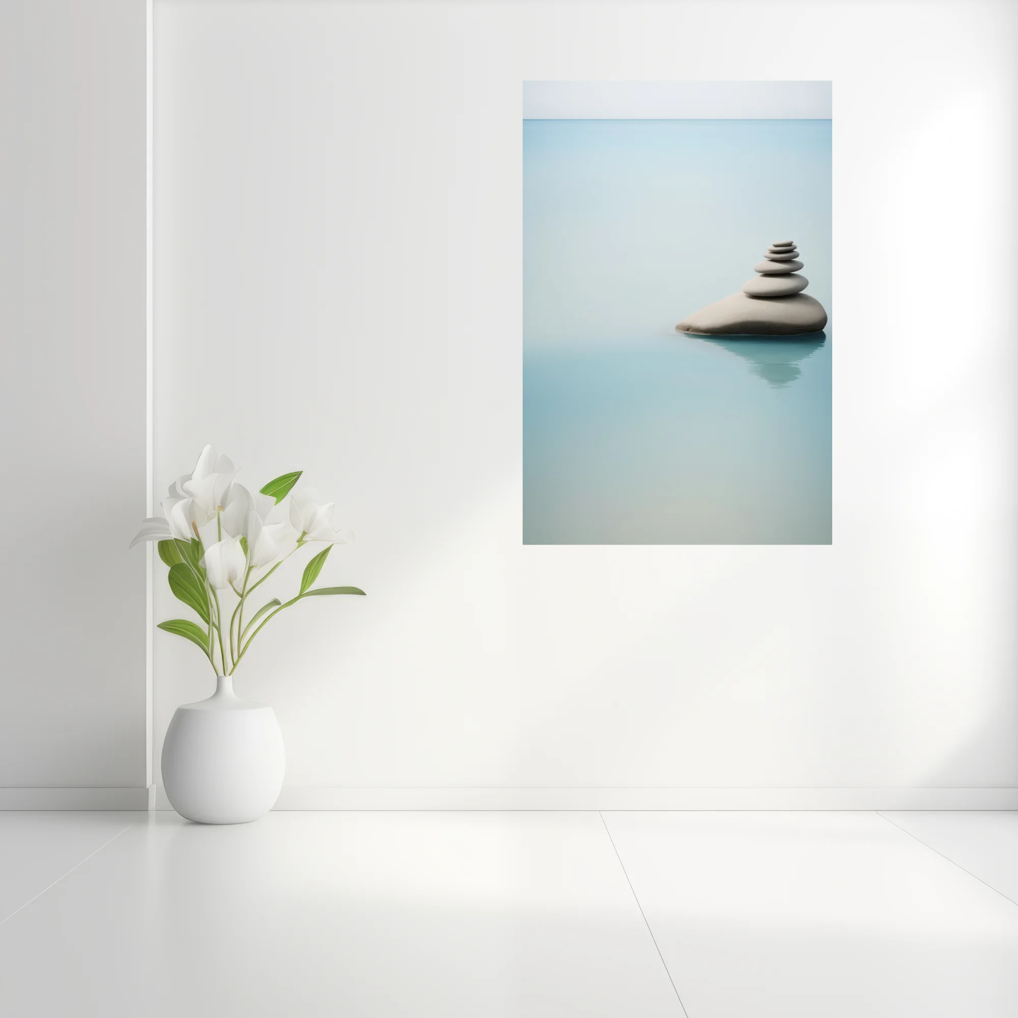 Minimalist stacked stones on still water, cool aqua palette, serene