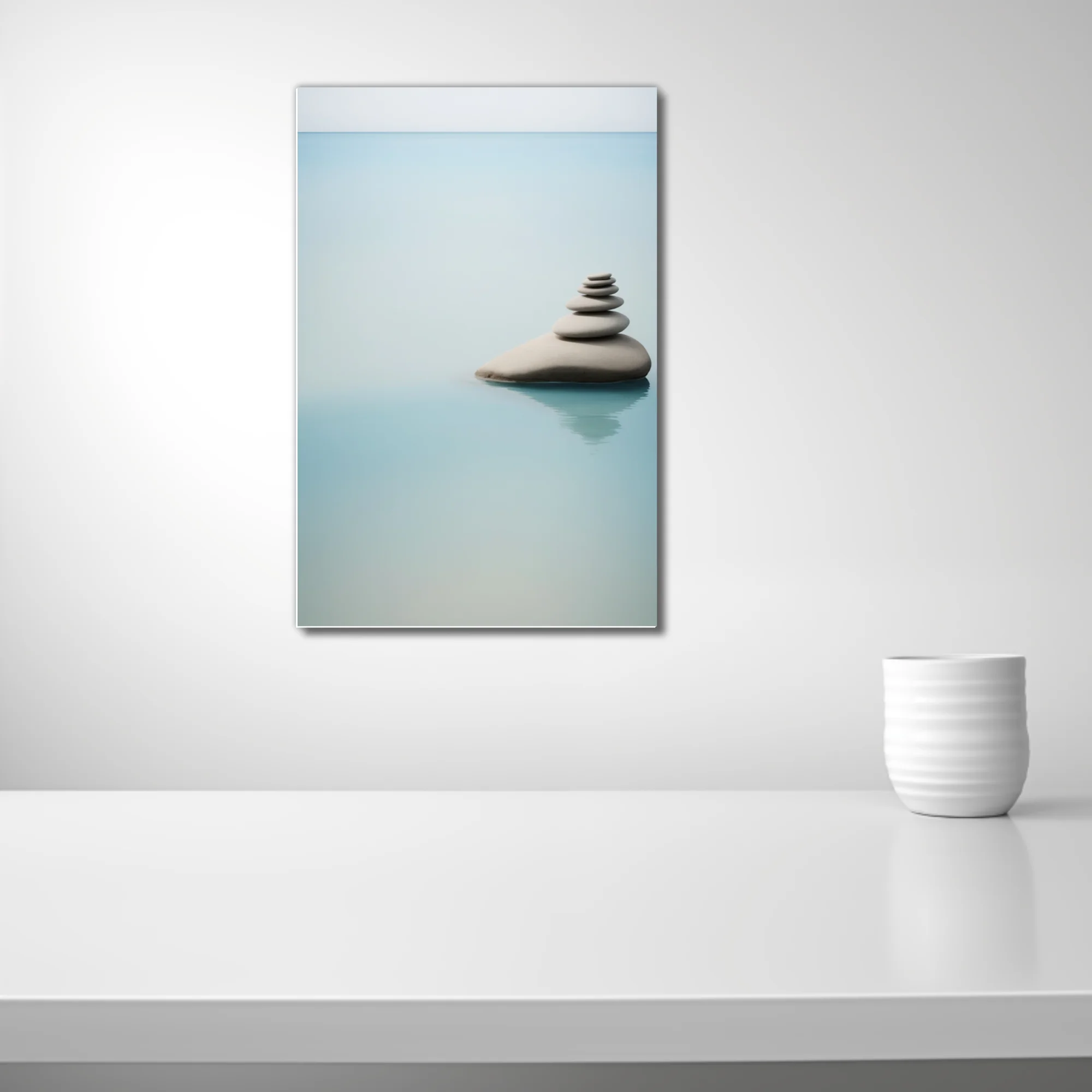 Minimalist stacked stones on still water, cool aqua palette, serene