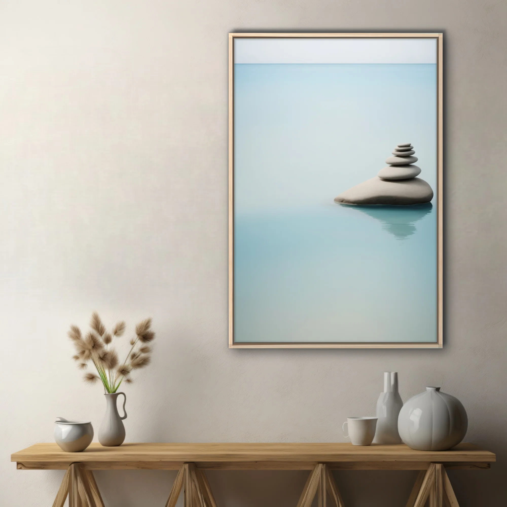Minimalist stacked stones on still water, cool aqua palette, serene
