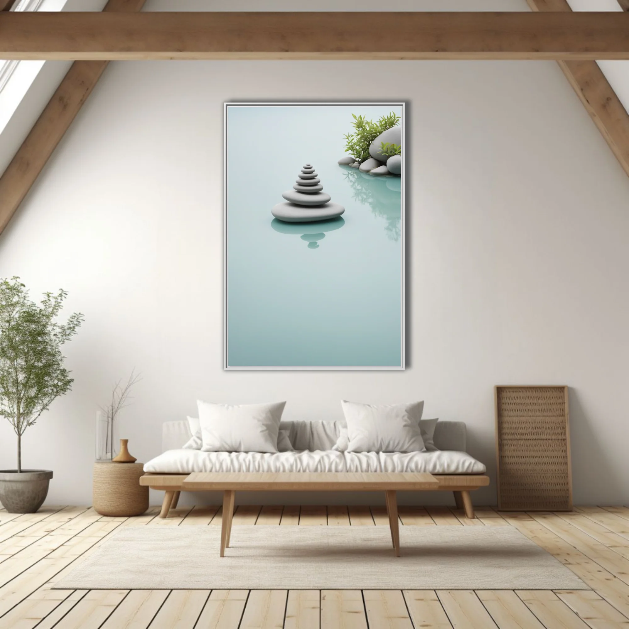 Minimalist stacked stone cairn on still water, celadon tones, zen calm