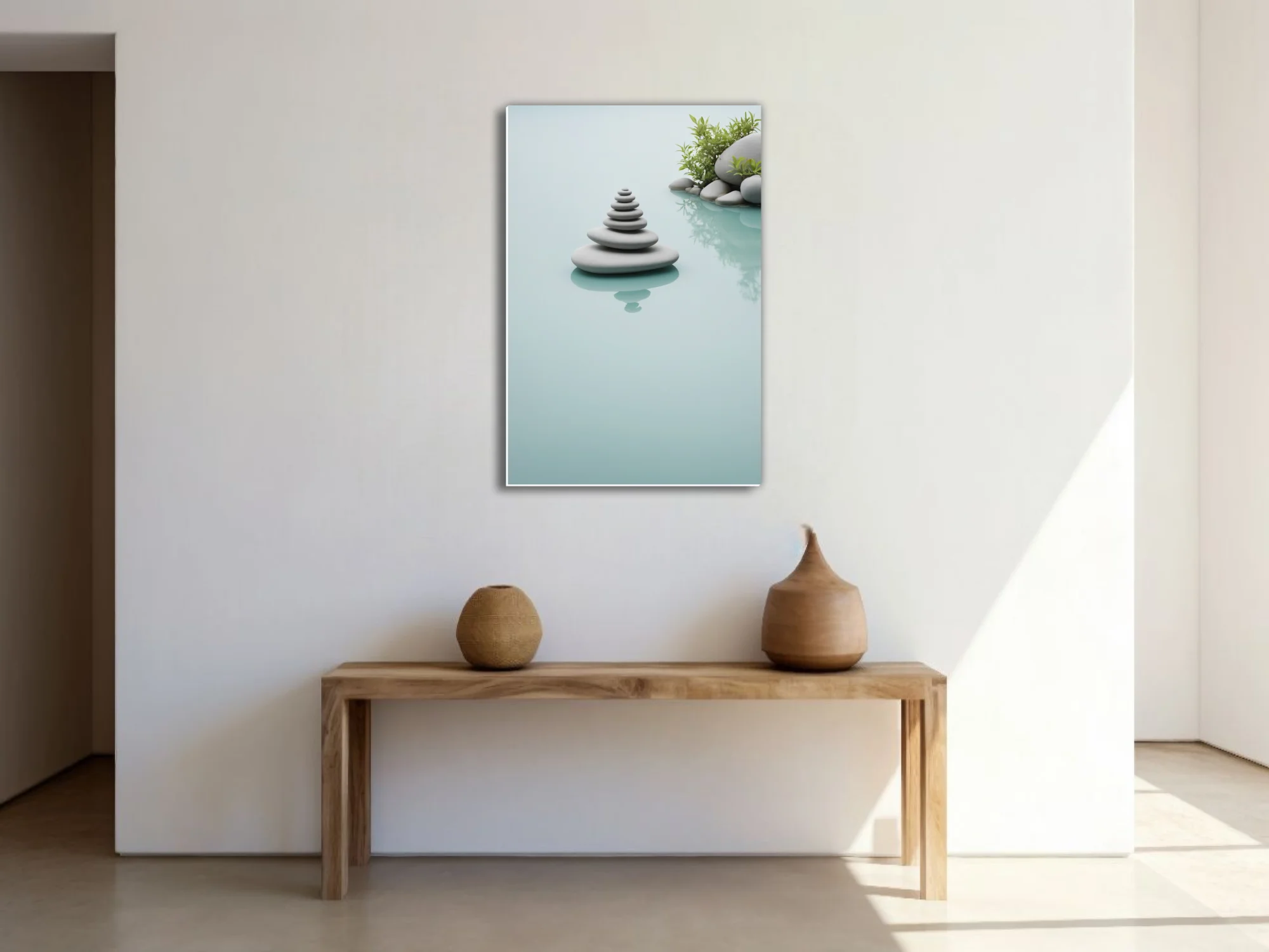 Minimalist stacked stone cairn on still water, celadon tones, zen calm