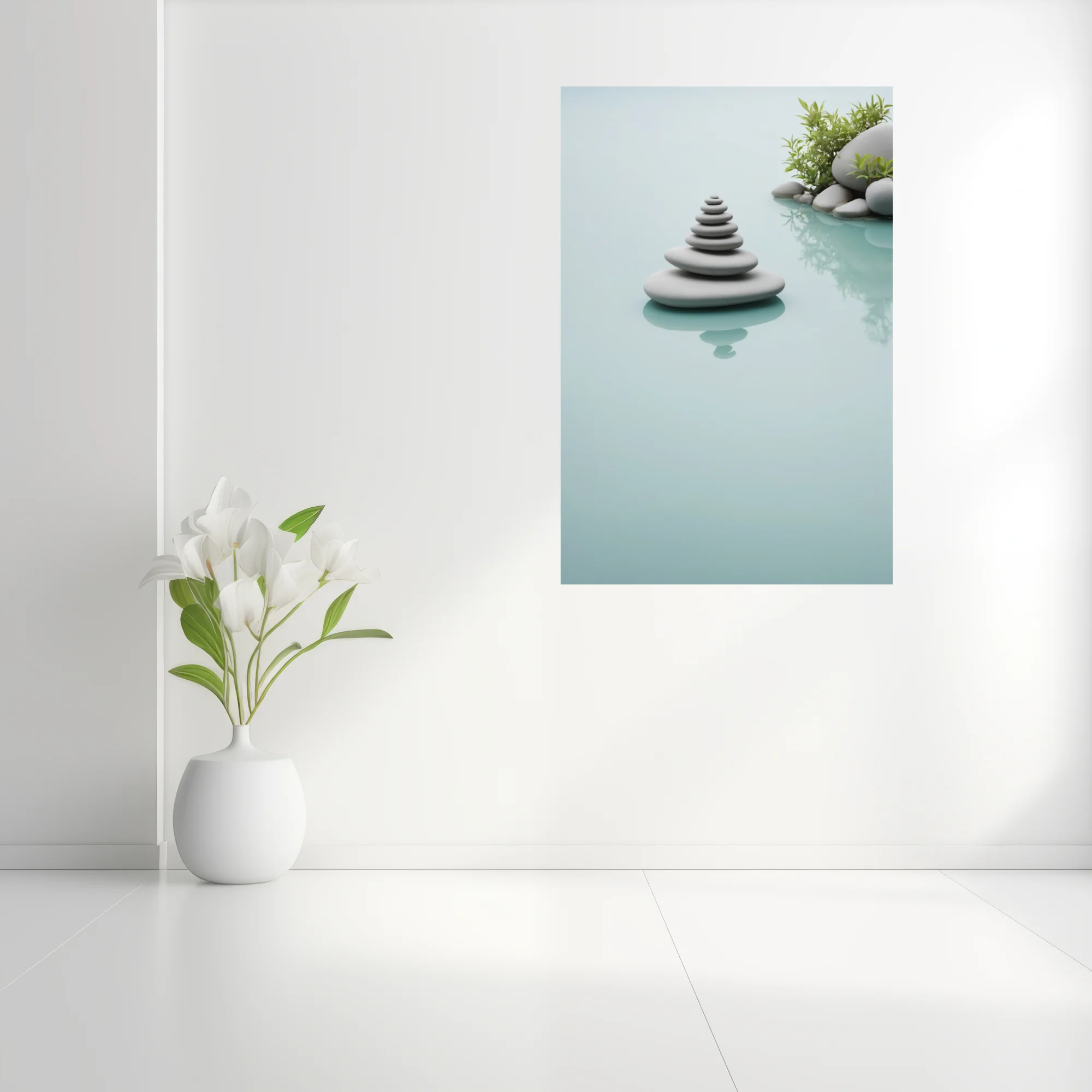 Minimalist stacked stone cairn on still water, celadon tones, zen calm