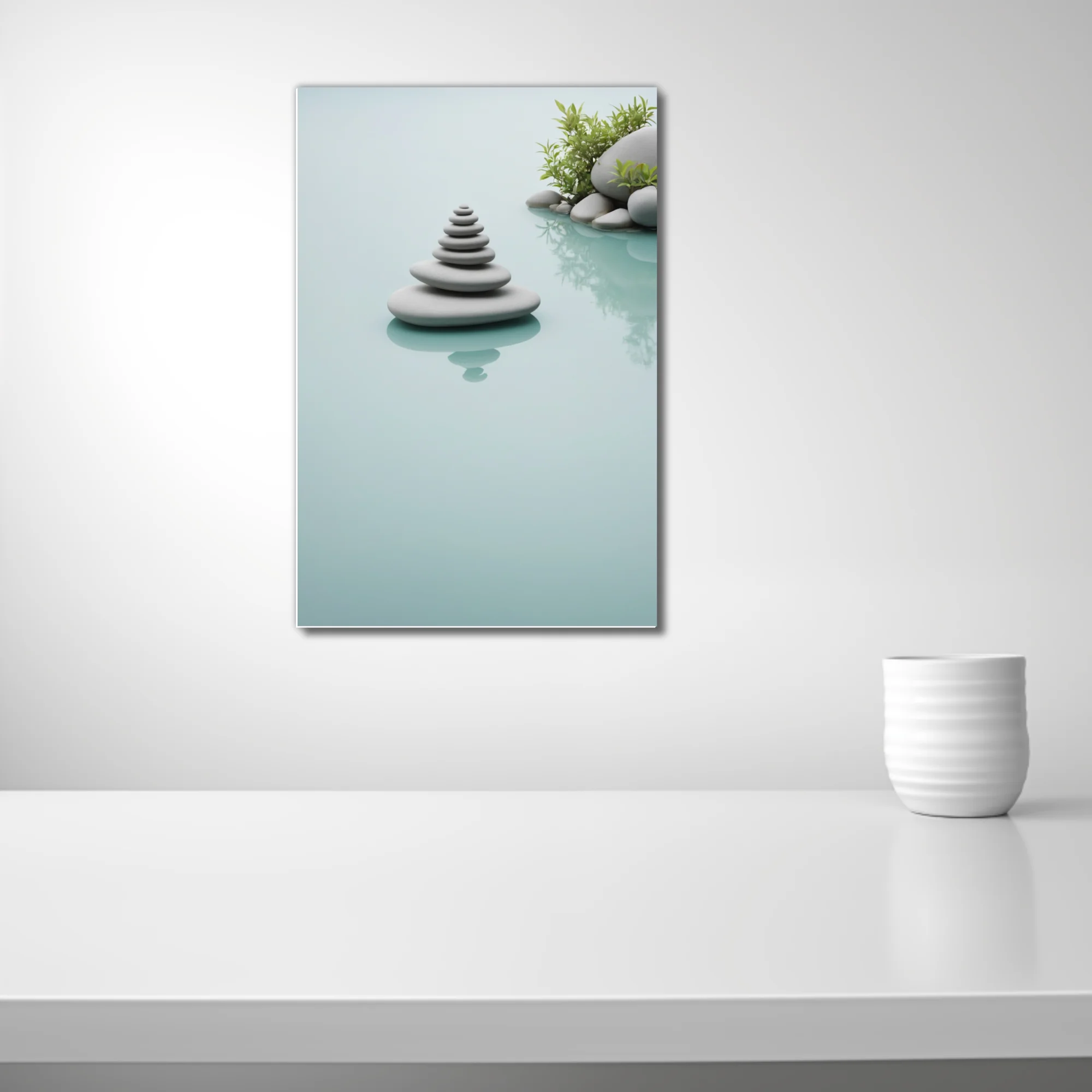 Minimalist stacked stone cairn on still water, celadon tones, zen calm