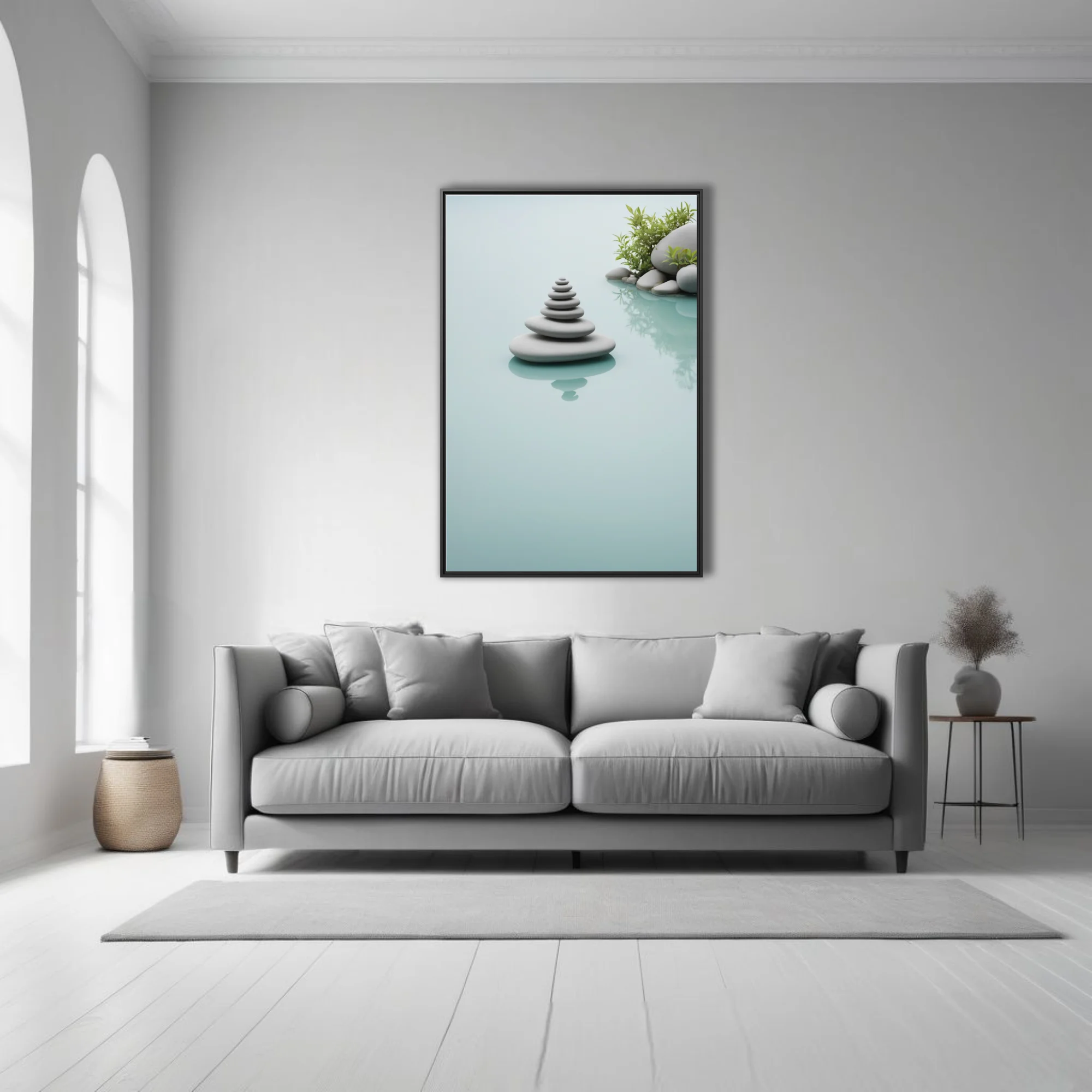 Minimalist stacked stone cairn on still water, celadon tones, zen calm