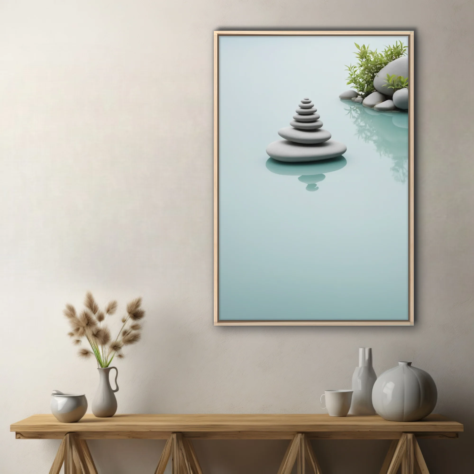 Minimalist stacked stone cairn on still water, celadon tones, zen calm