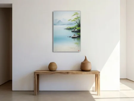 Ink-wash Asian landscape with zen stones, calm water, misty mountains, celadon tones