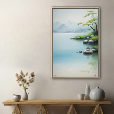 Ink-wash Asian landscape with zen stones, calm water, misty mountains, celadon tones
